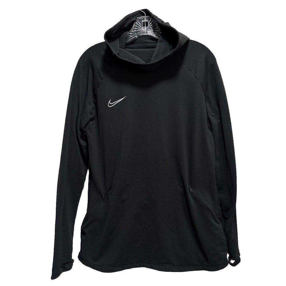 Nike Active Athletic Top Black Long Sleeve Logo Hood Thumb Holes Sz See Measures